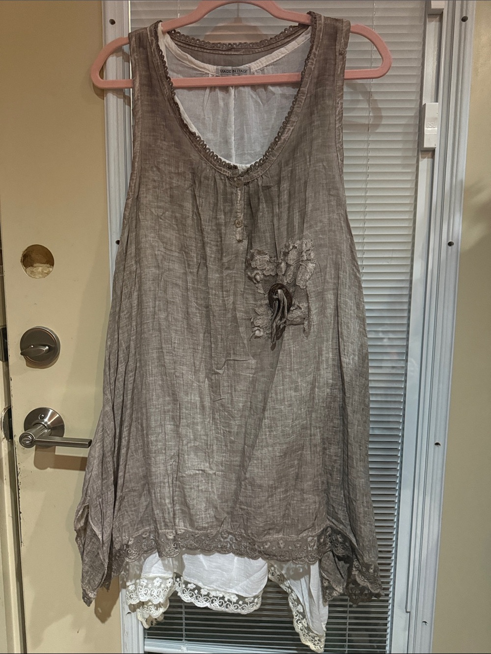 Sleeveless Taupe Layered Tunic Top with Lace Trim